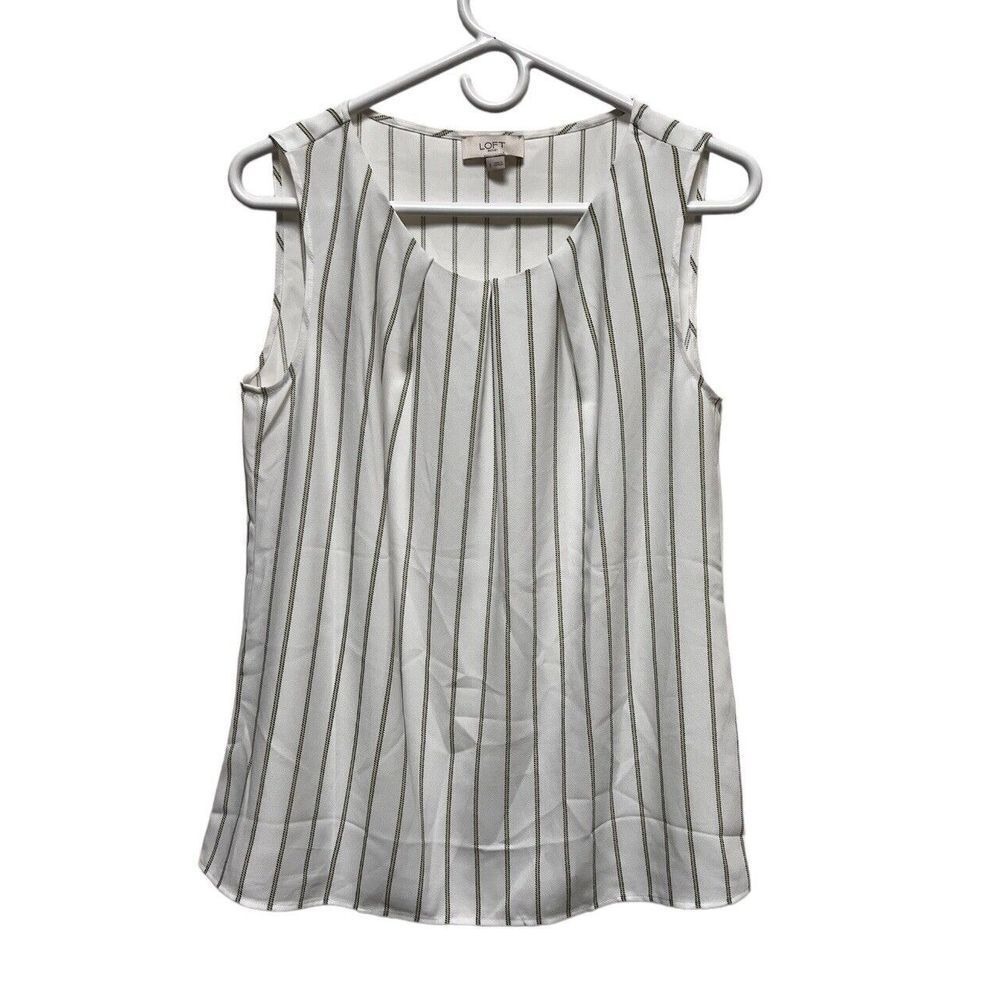 Loft Outlet Womens Small White Green Striped‎ Pleated Neck Sleeveless Blouse Top